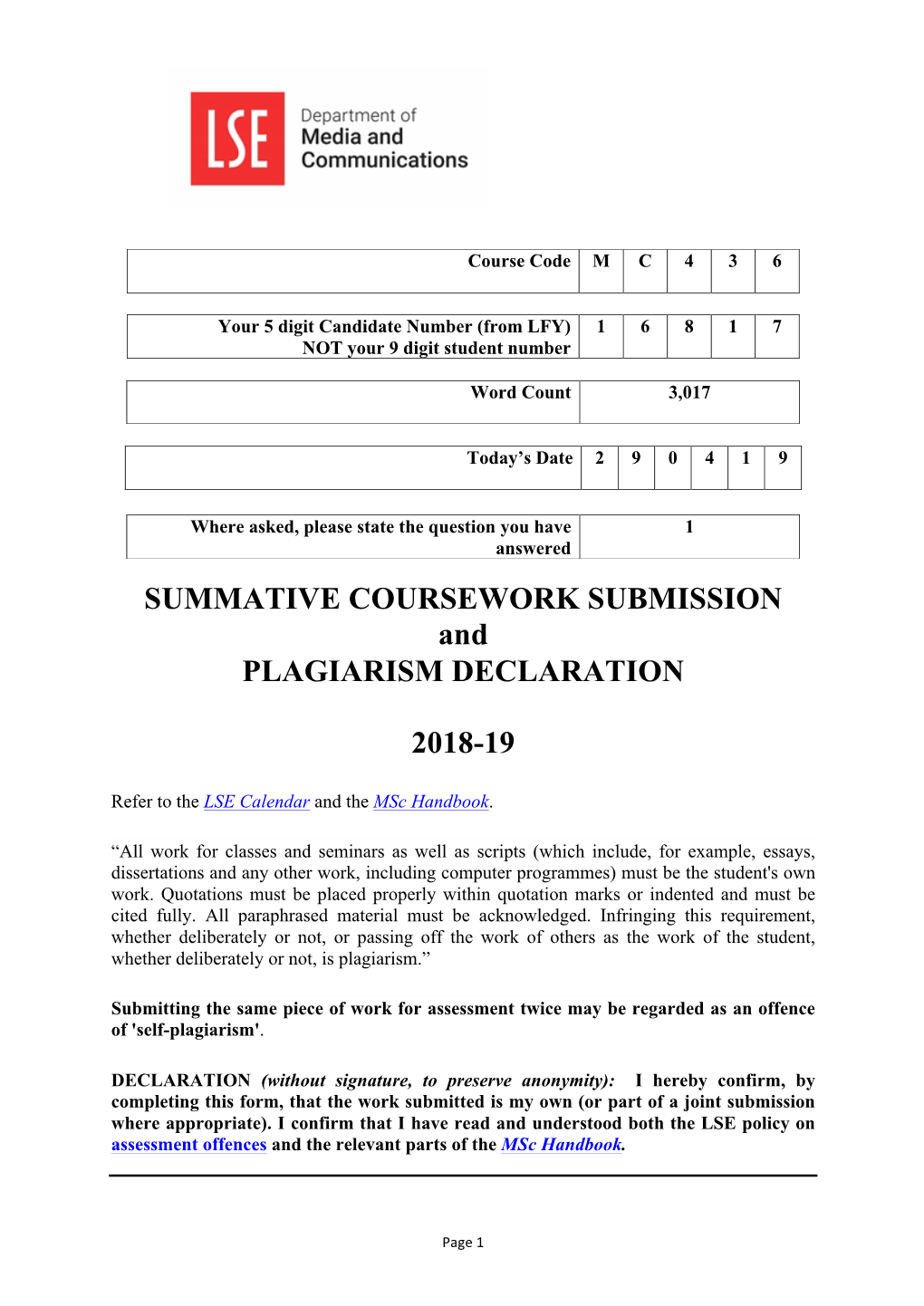 SUMMATIVE COURSEWORK SUBMISSION and PLAGIARISM DECLARATION