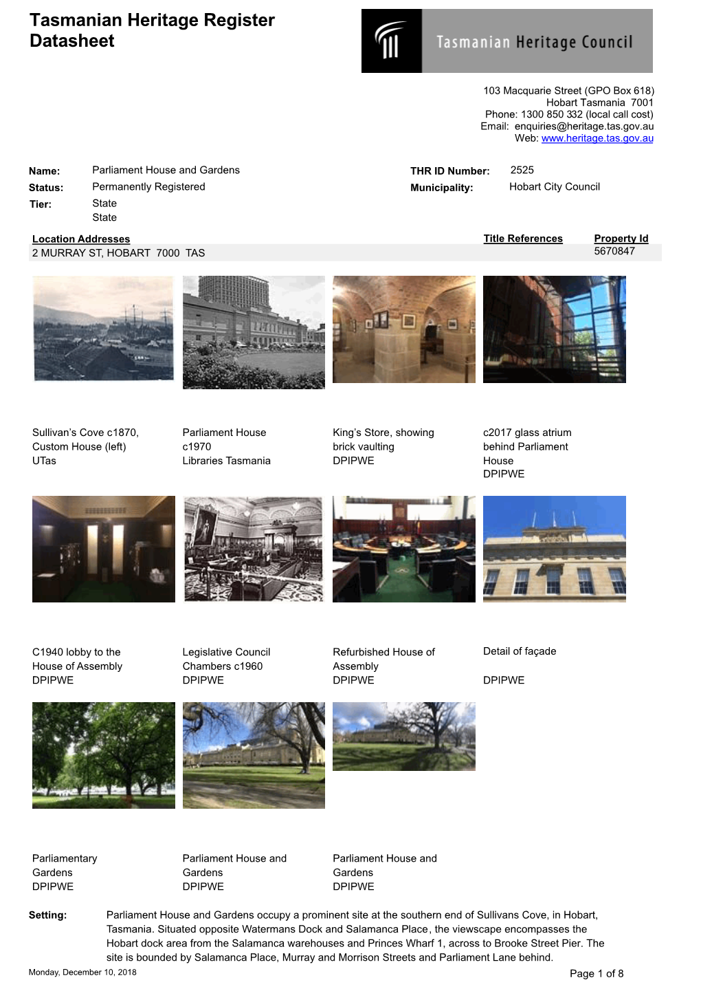 Tasmanian Heritage Register Datasheet
