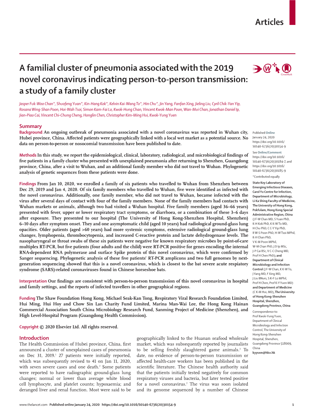 A Familial Cluster of Pneumonia Associated with the 2019 Novel Coronavirus Indicating Person-To-Person Transmission: a Study of a Family Cluster