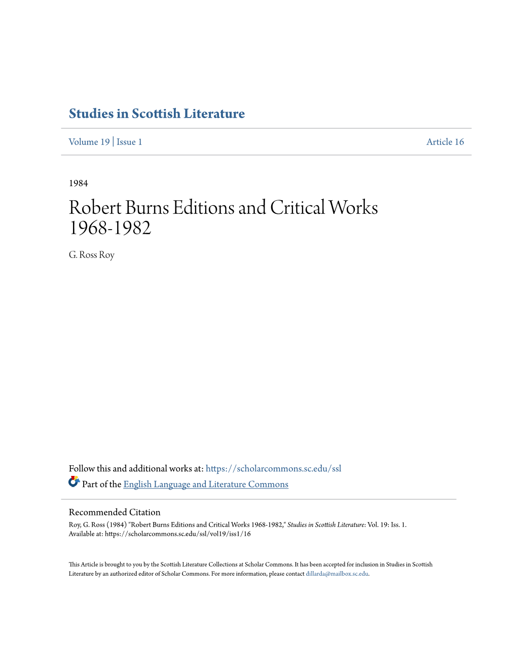 Robert Burns Editions and Critical Works 1968-1982 G