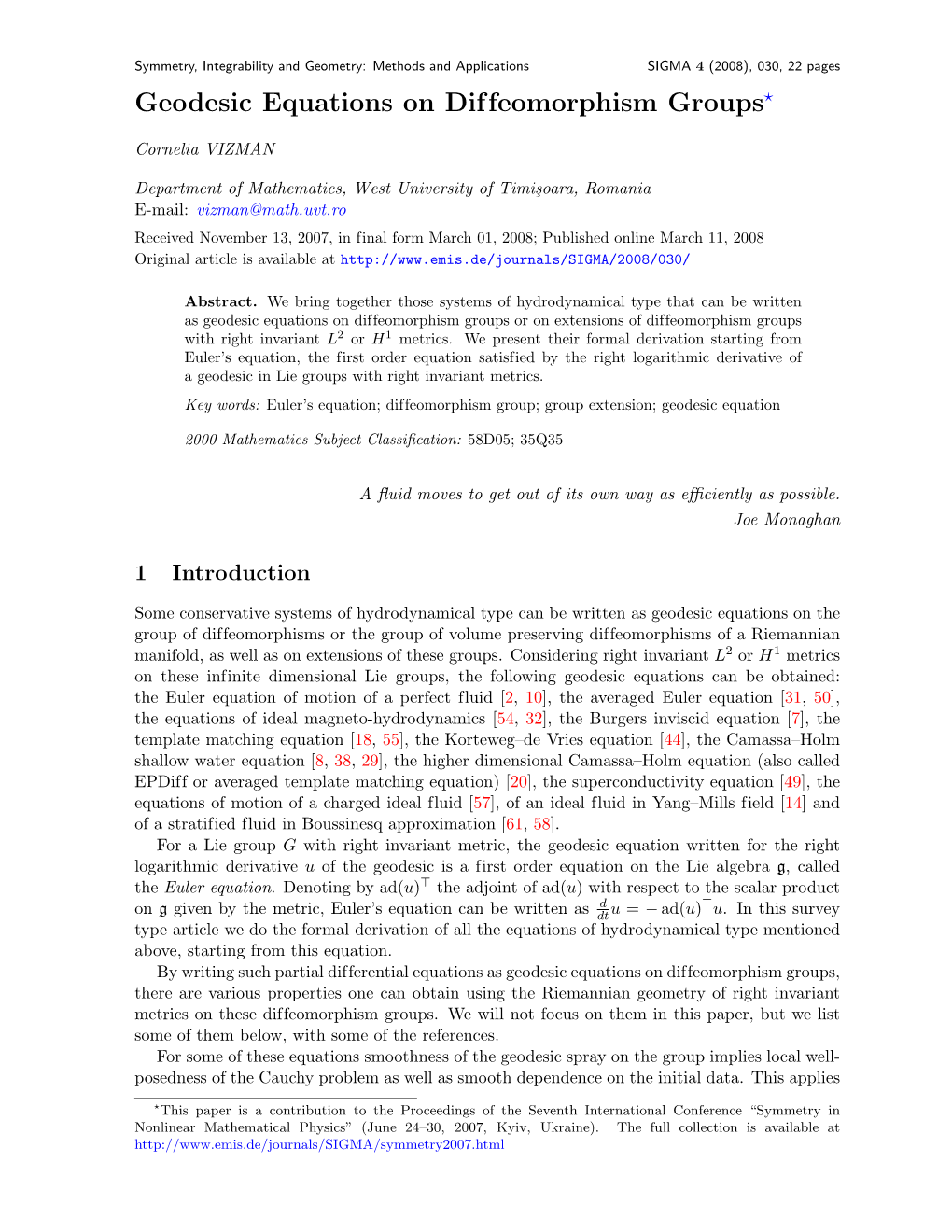 Geodesic Equations on Diffeomorphism Groups*