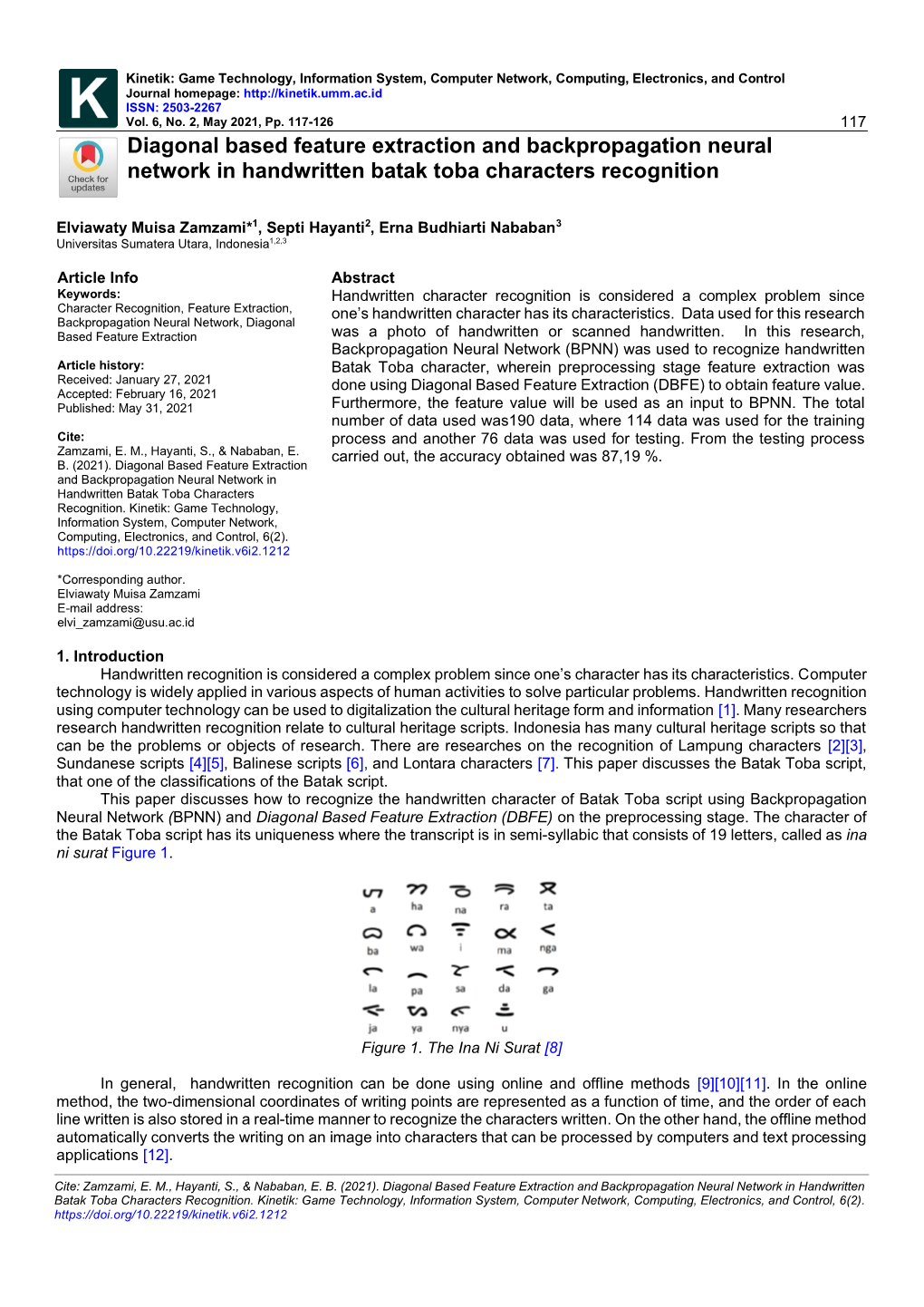 Diagonal Based Feature Extraction and Backpropagation Neural Network in Handwritten Batak Toba Characters Recognition