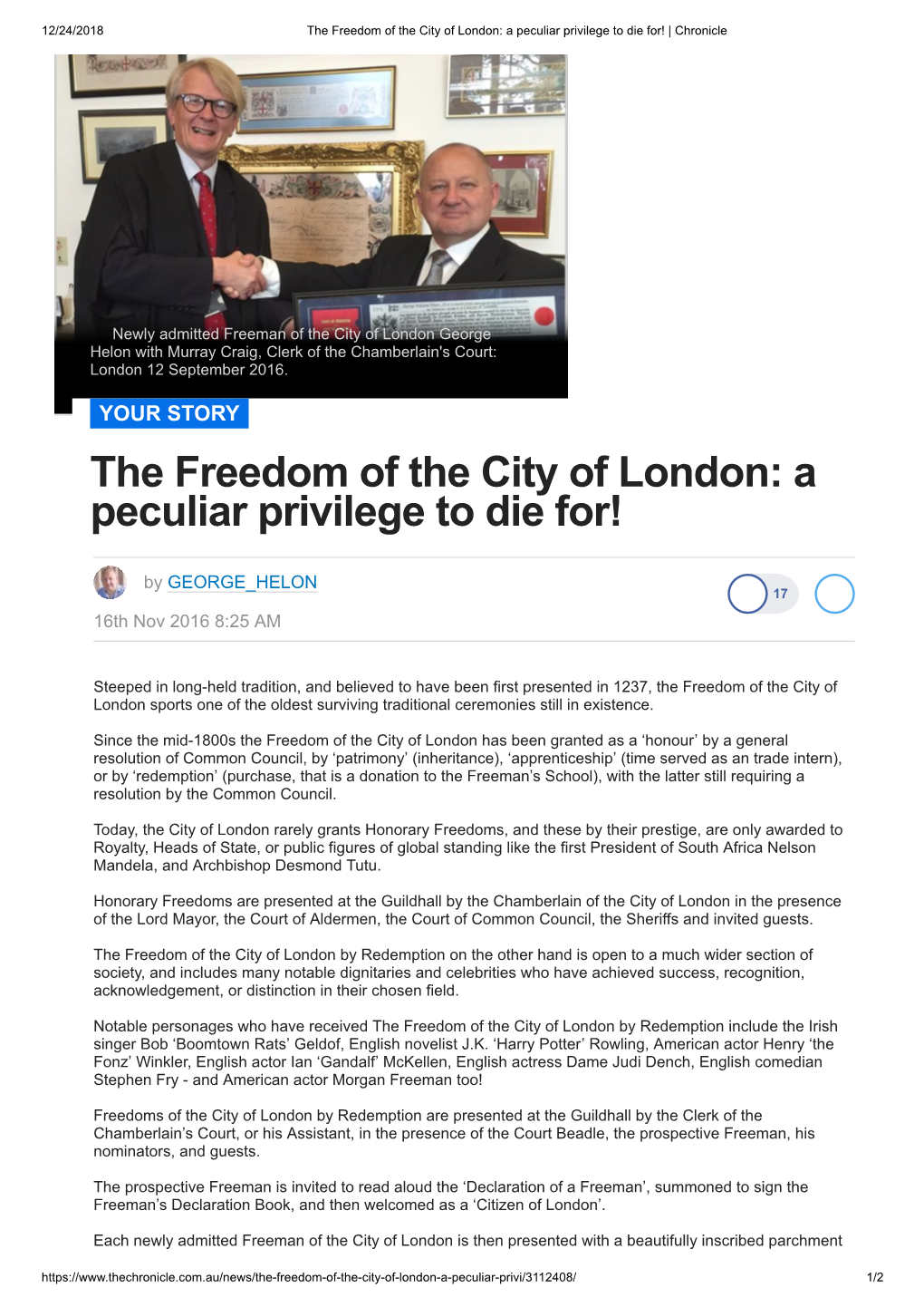 The Freedom of the City of London: a Peculiar Privilege to Die For! | Chronicle