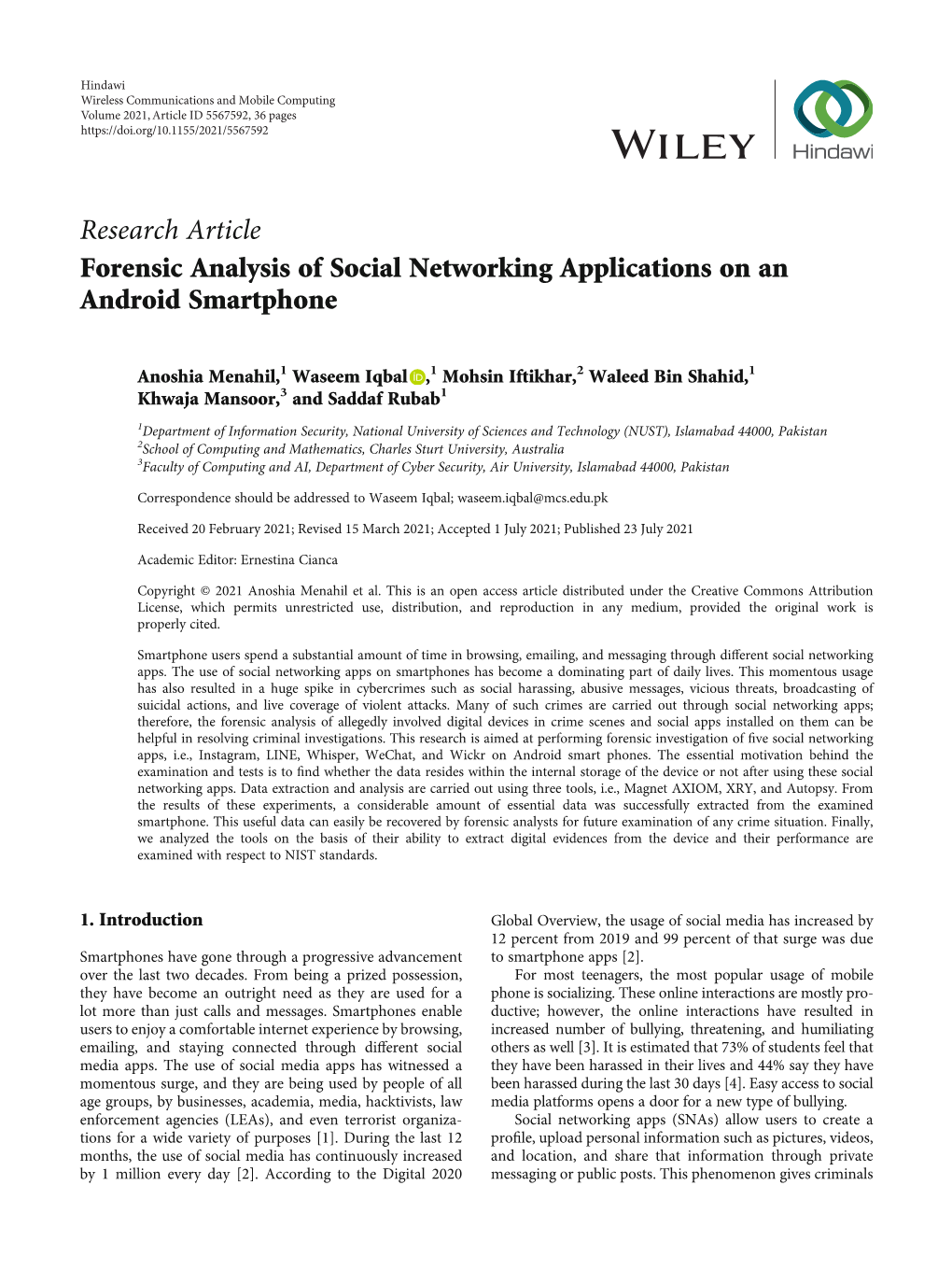 Research Article Forensic Analysis of Social Networking Applications on an Android Smartphone