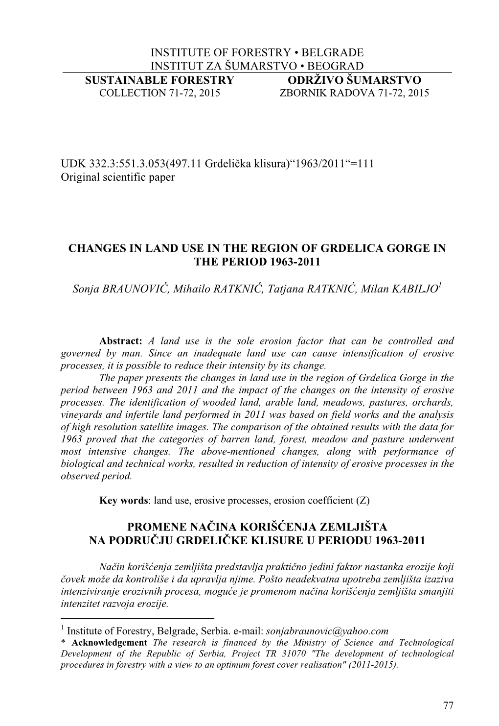Institute of Forestry • Belgrade Institut Za Šumarstvo • Beograd Sustainable Forestry Održivo Šumarstvo Collection 71-72, 2015 Zbornik Radova 71-72, 2015