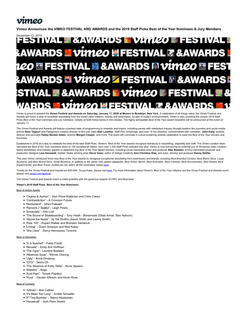 Vimeo Announces the VIMEO FESTIVAL and AWARDS and the 2019 Staff Picks Best of the Year Nominees & Jury Members