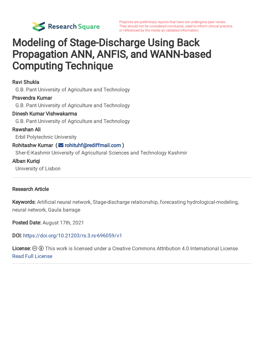 Modeling of Stage-Discharge Using Back Propagation ANN, ANFIS, and WANN-Based Computing Technique