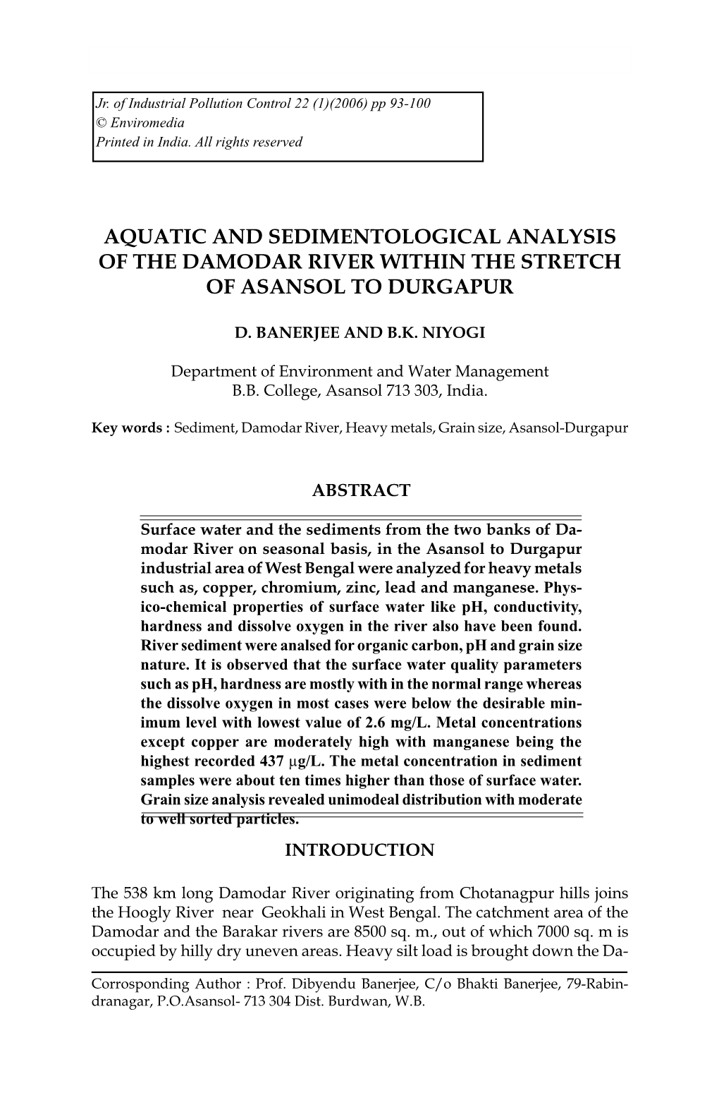 Aquatic and Sedimentological Analysis of the Damodar River Within the Stretch of Asansol to Durgapur