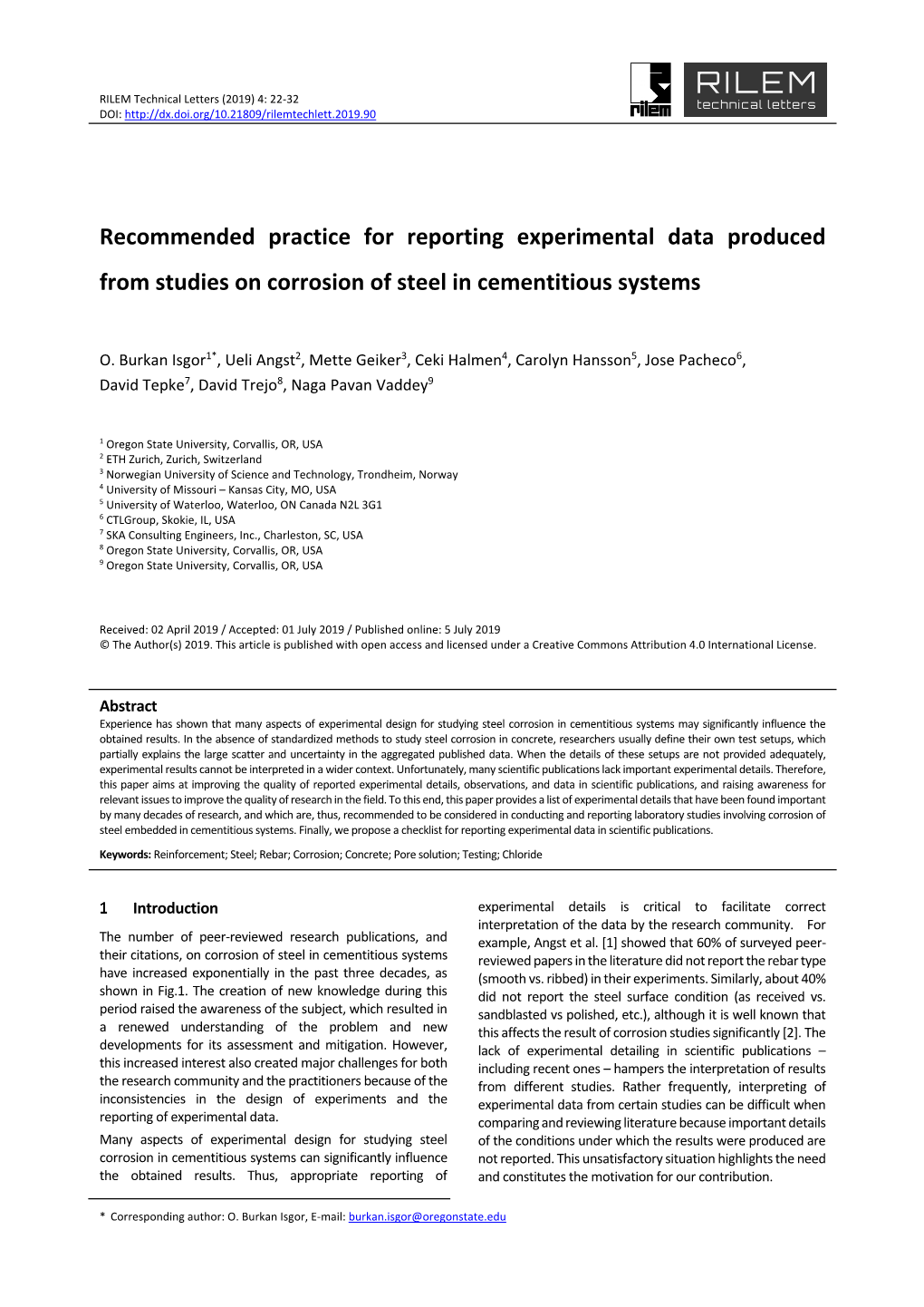 Recommended Practice for Reporting Experimental Data Produced from Studies on Corrosion of Steel in Cementitious Systems