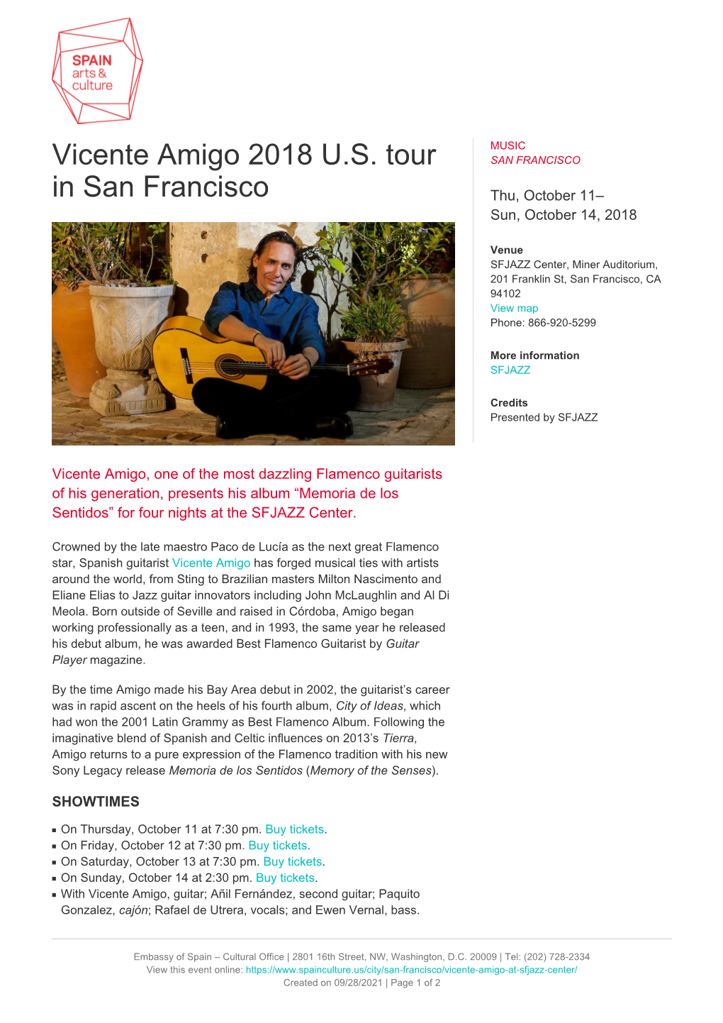 Vicente Amigo 2018 US Tour in San Francisco