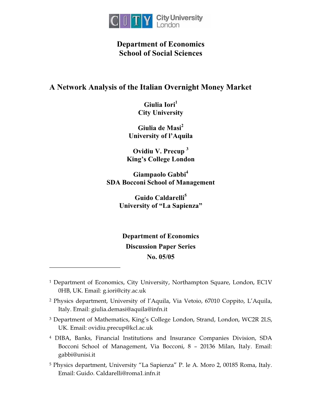 Department of Economics School of Social Sciences a Network Analysis