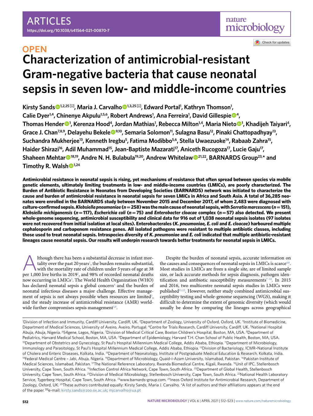 Characterization of Antimicrobial-Resistant Gram-Negative Bacteria That Cause Neonatal Sepsis in Seven Low- and Middle-Income Countries