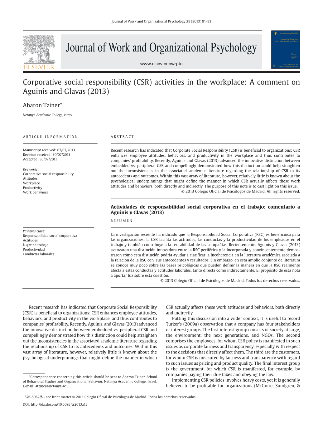 Corporative Social Responsibility (CSR) Activities in the Workplace: a Comment on Aguinis and Glavas (2013)