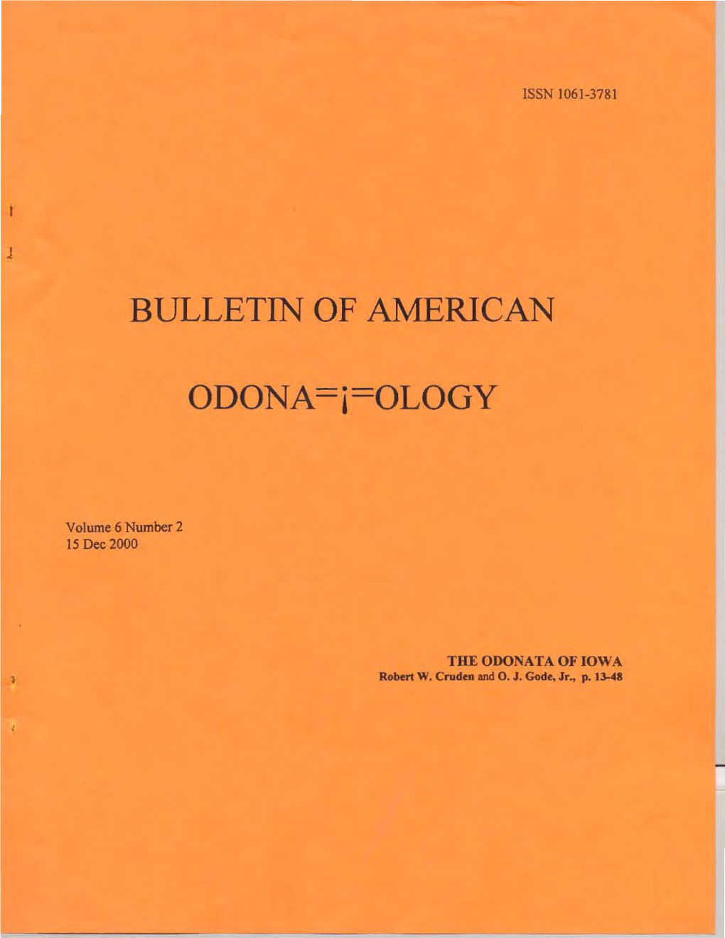 BULLETIN of AMERICAN ODONA==J==OLOGY