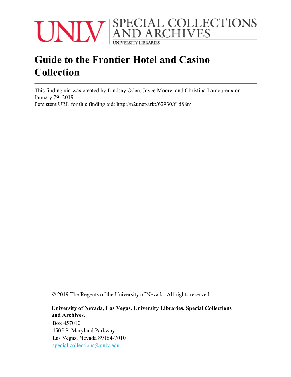 Guide to the Frontier Hotel and Casino Collection