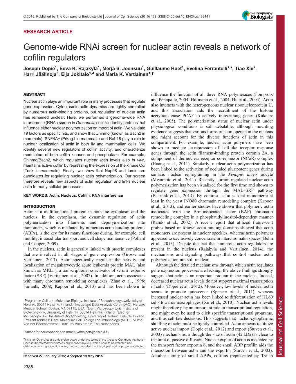 Genome-Wide Rnai Screen for Nuclear Actin Reveals a Network of Cofilin Regulators Joseph Dopie1, Eeva K