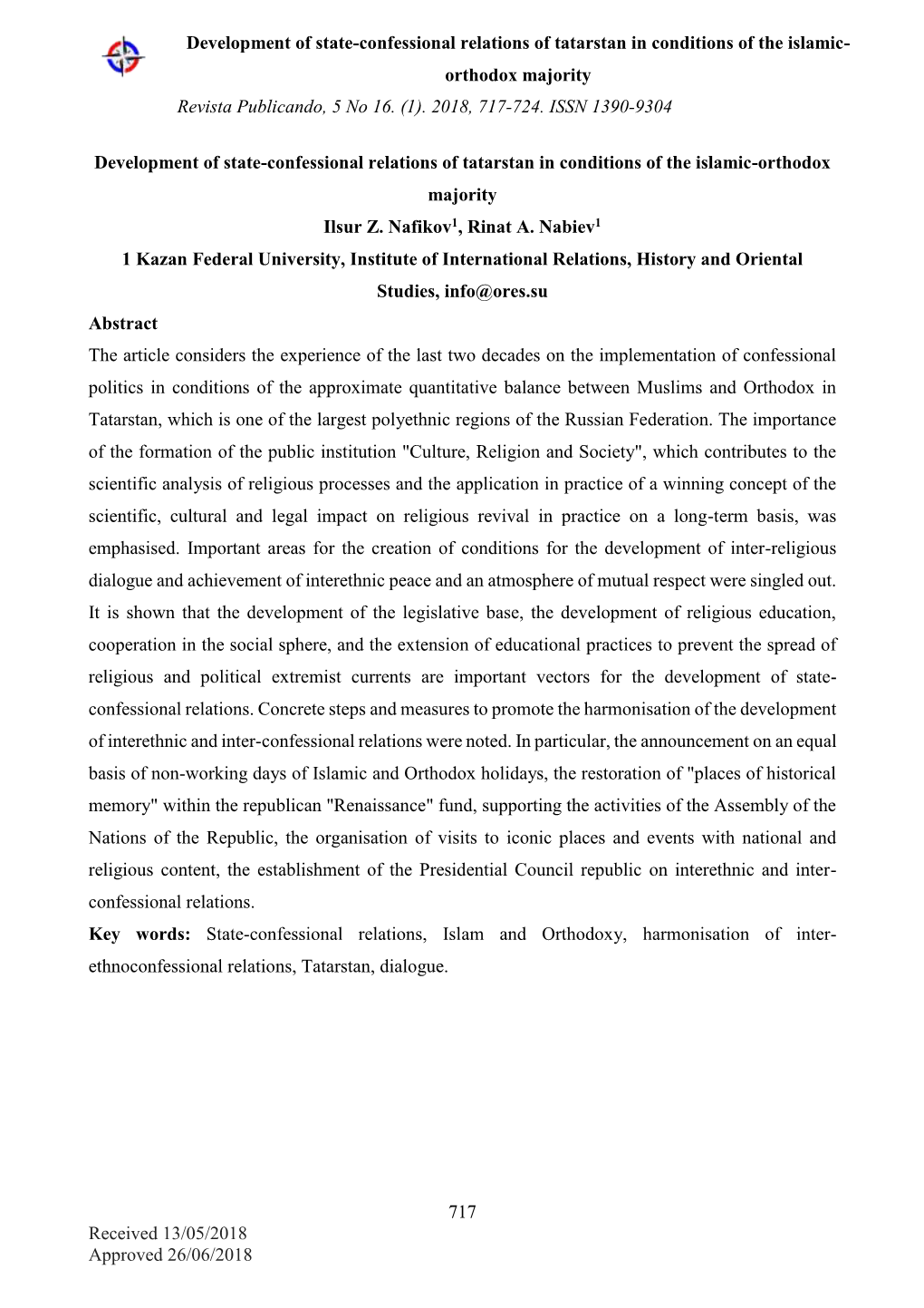 Development of State-Confessional Relations of Tatarstan in Conditions of the Islamic- Orthodox Majority Revista Publicando, 5 No 16