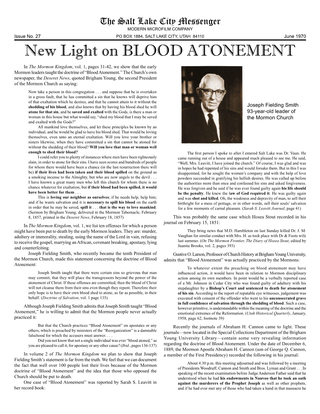 27 Salt Lake City Messenger: New Light on Blood Atonement