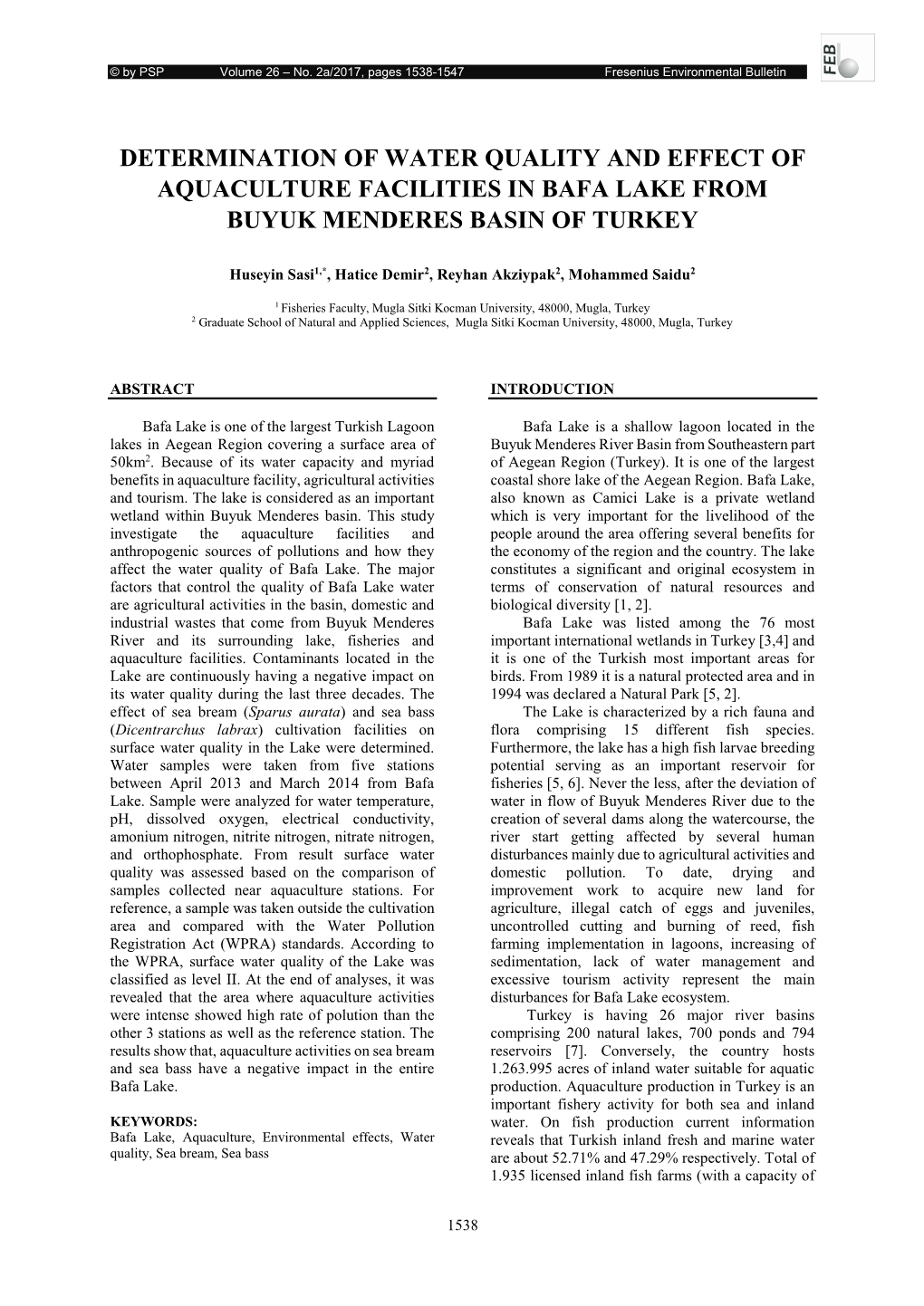 17, Pages 1538-1547 Fresenius Environmental Bulletin 1~