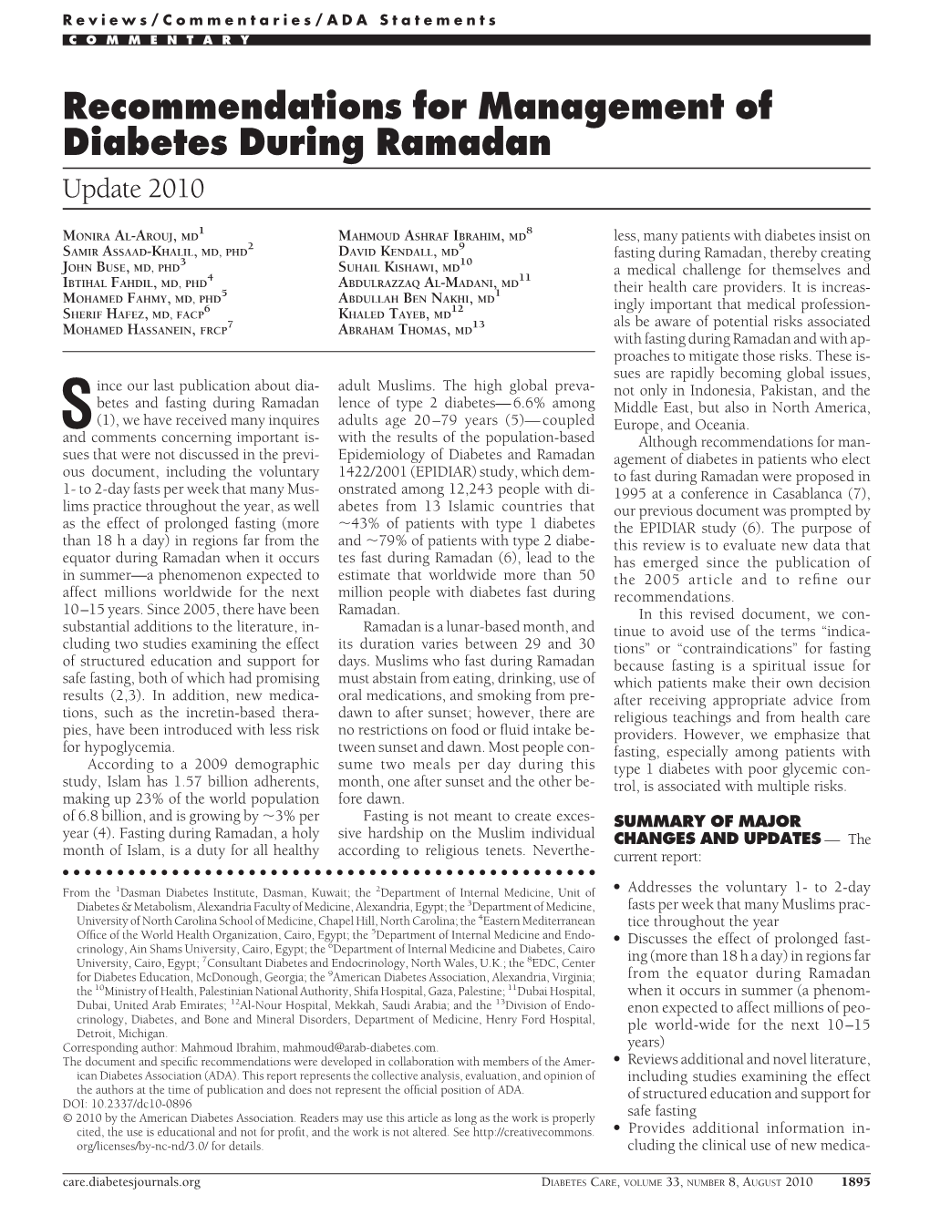 Recommendations for Management of Diabetes During Ramadan Update 2010