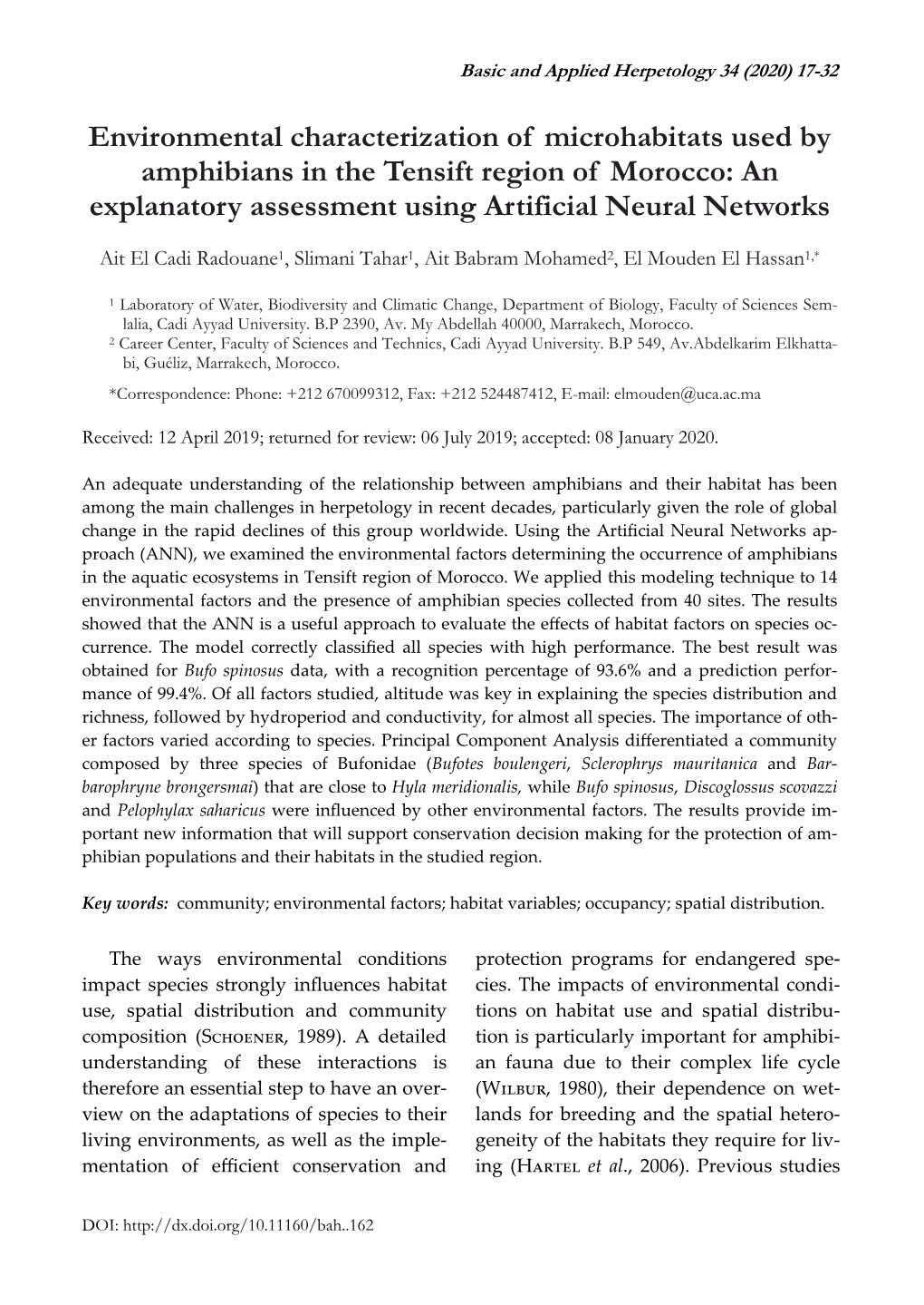 Environmental Characterization of Microhabitats Used by Amphibians in the Tensift Region of Morocco: an Explanatory Assessment Using Artificial Neural Networks