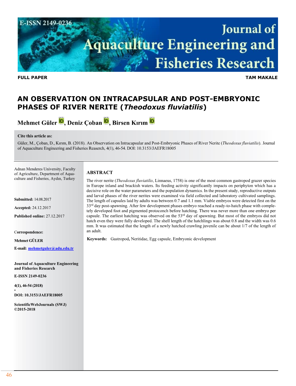 AN OBSERVATION on INTRACAPSULAR and POST-EMBRYONIC PHASES of RIVER NERITE (Theodoxus Fluviatilis)