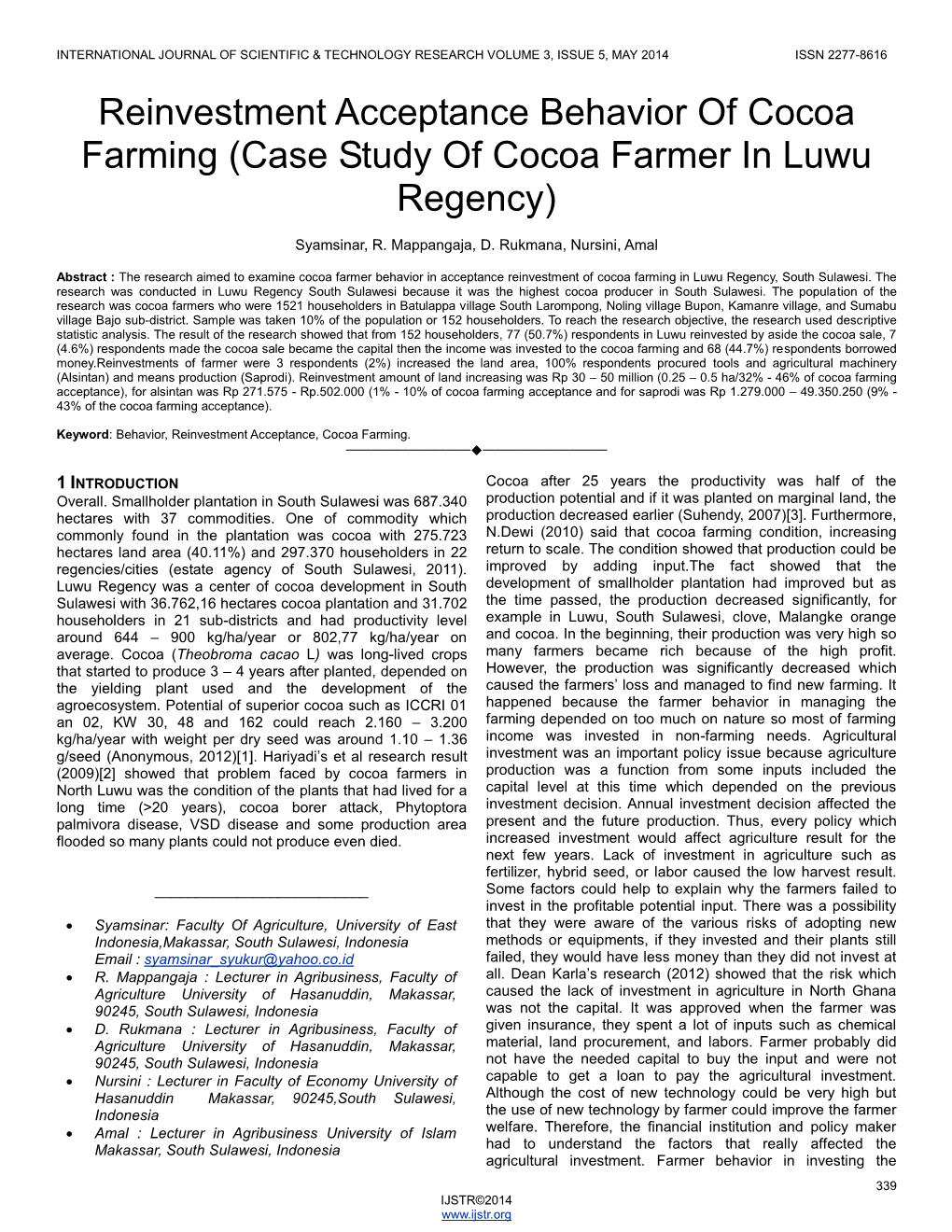Reinvestment Acceptance Behavior of Cocoa Farming (Case Study of Cocoa Farmer in Luwu Regency)
