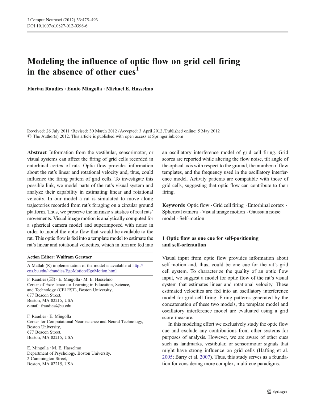 Modeling the Influence of Optic Flow on Grid Cell Firing in the Absence of Other Cues1
