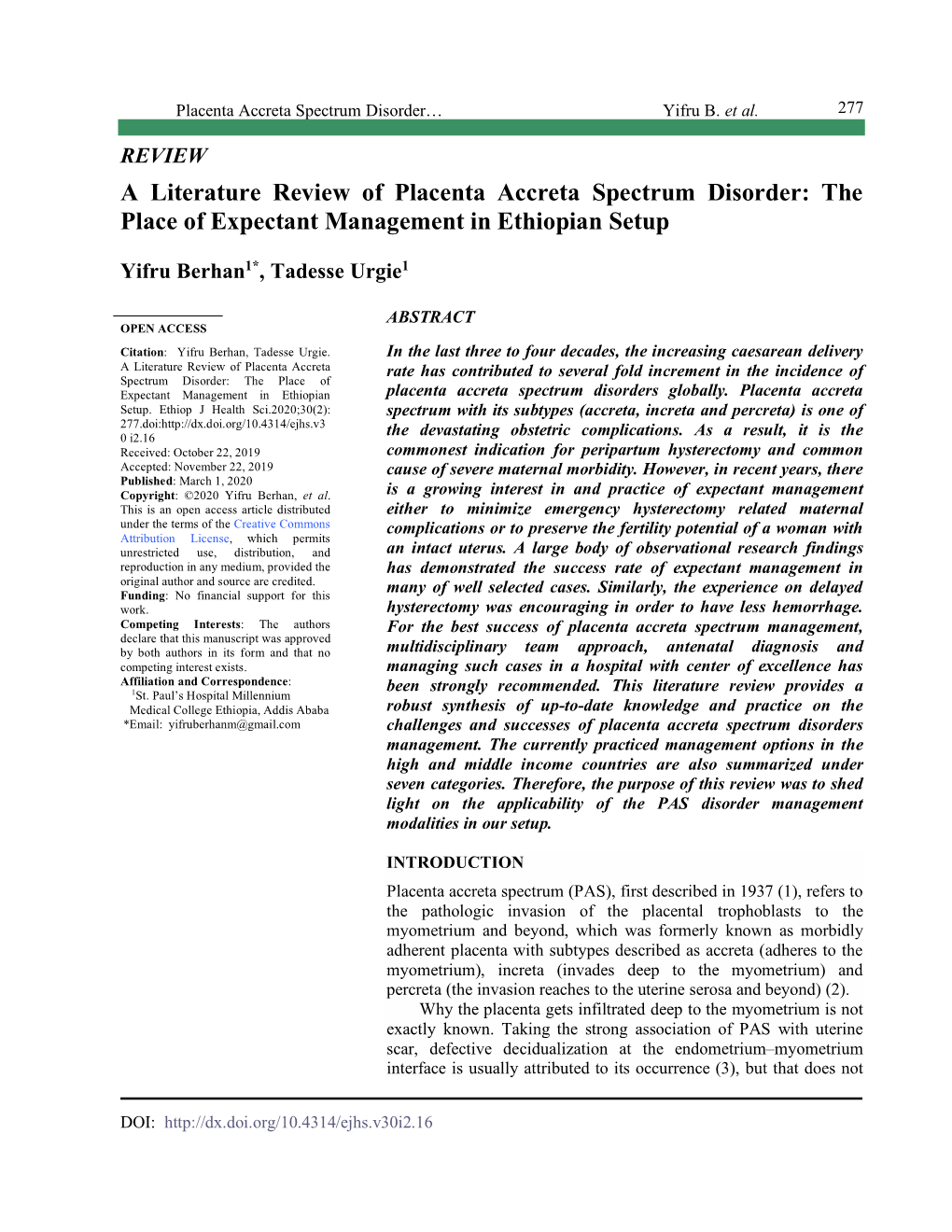 A Literature Review of Placenta Accreta Spectrum Disorder: the Place of Expectant Management in Ethiopian Setup