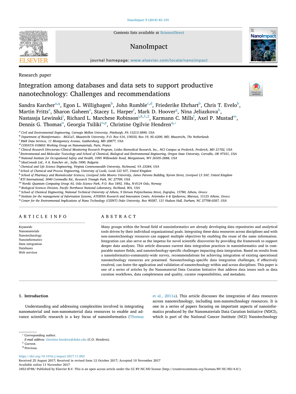 Integration Among Databases and Data Sets to Support Productive T Nanotechnology: Challenges and Recommendations