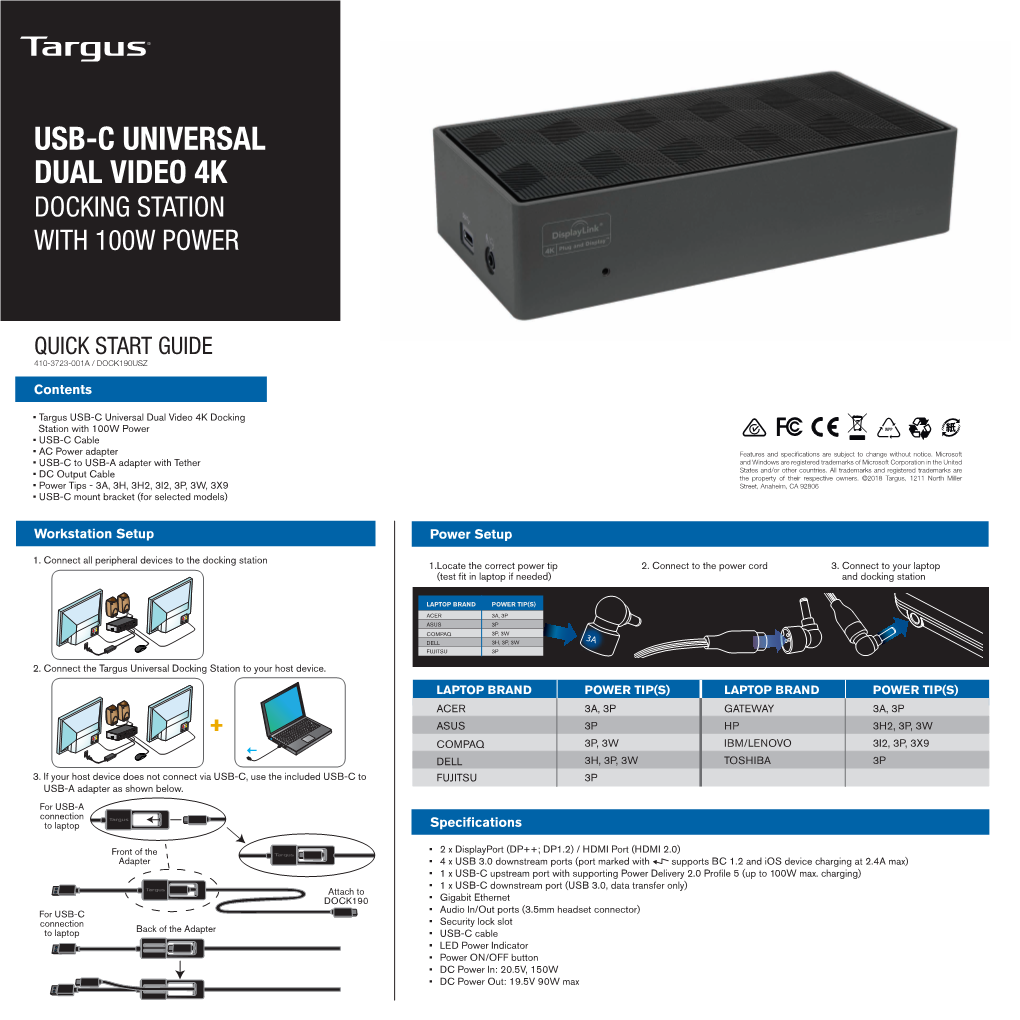 Usb-C Universal Dual Video 4K Docking Station with 100W Power