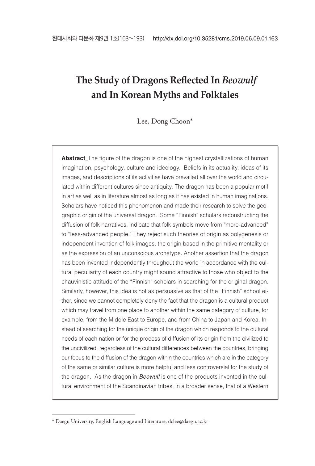 The Study of Dragons Reflected in Beowulf and in Korean Myths And