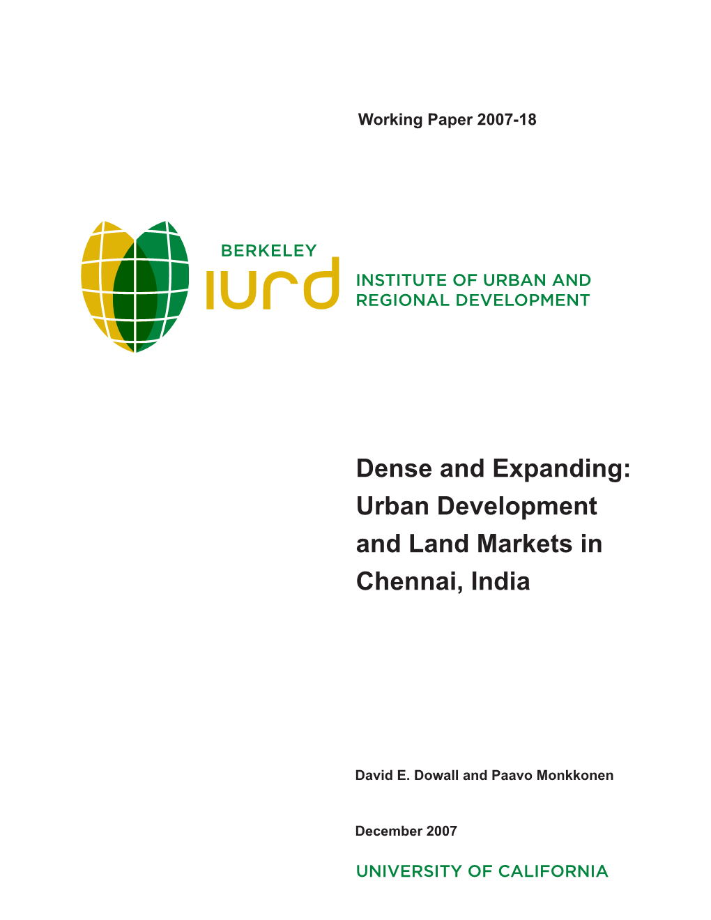 Urban Development and Land Markets in Chennai, India