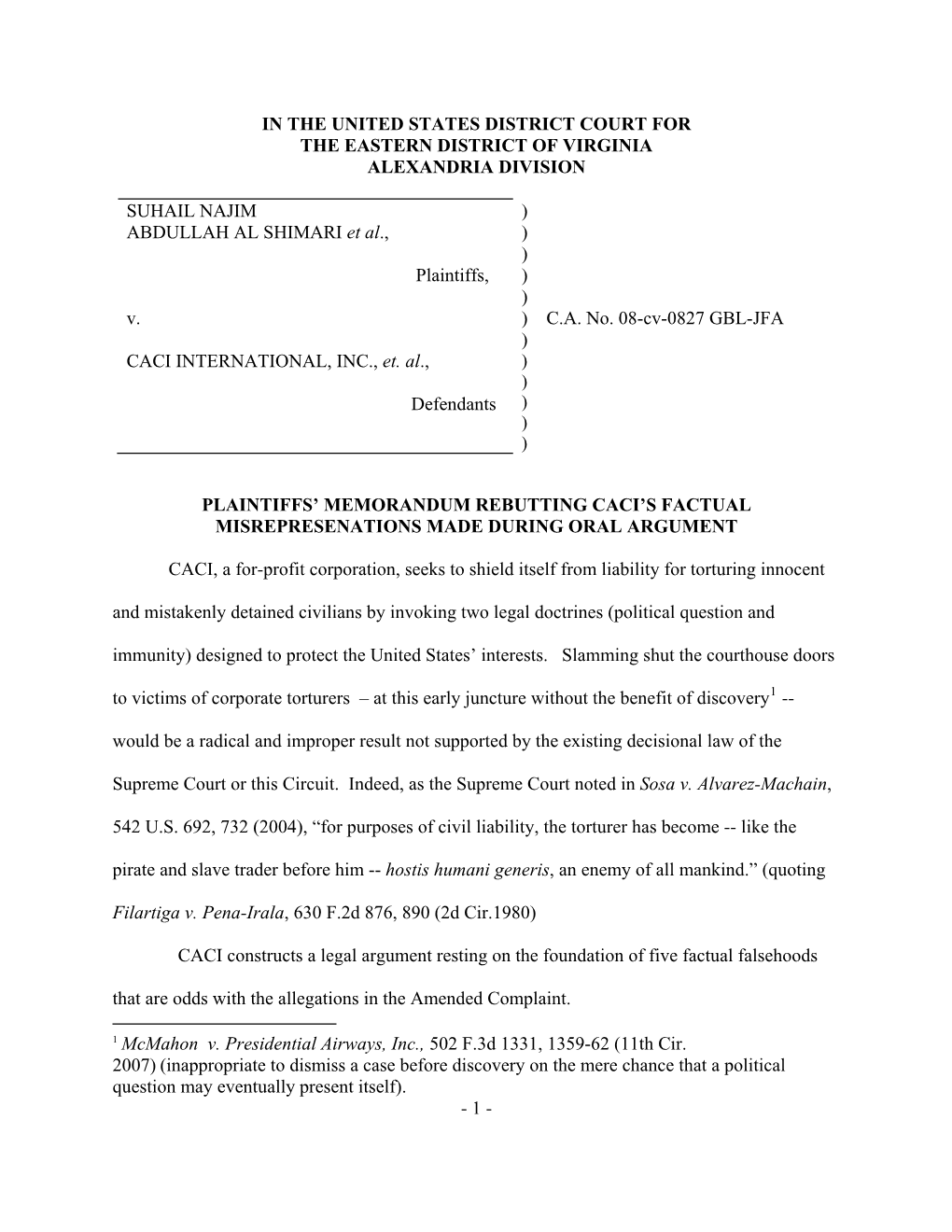 District Court for the Eastern District of Virginia Proceedings~10.27.08 Plaintiffs' Supplement to Rebuttal Of