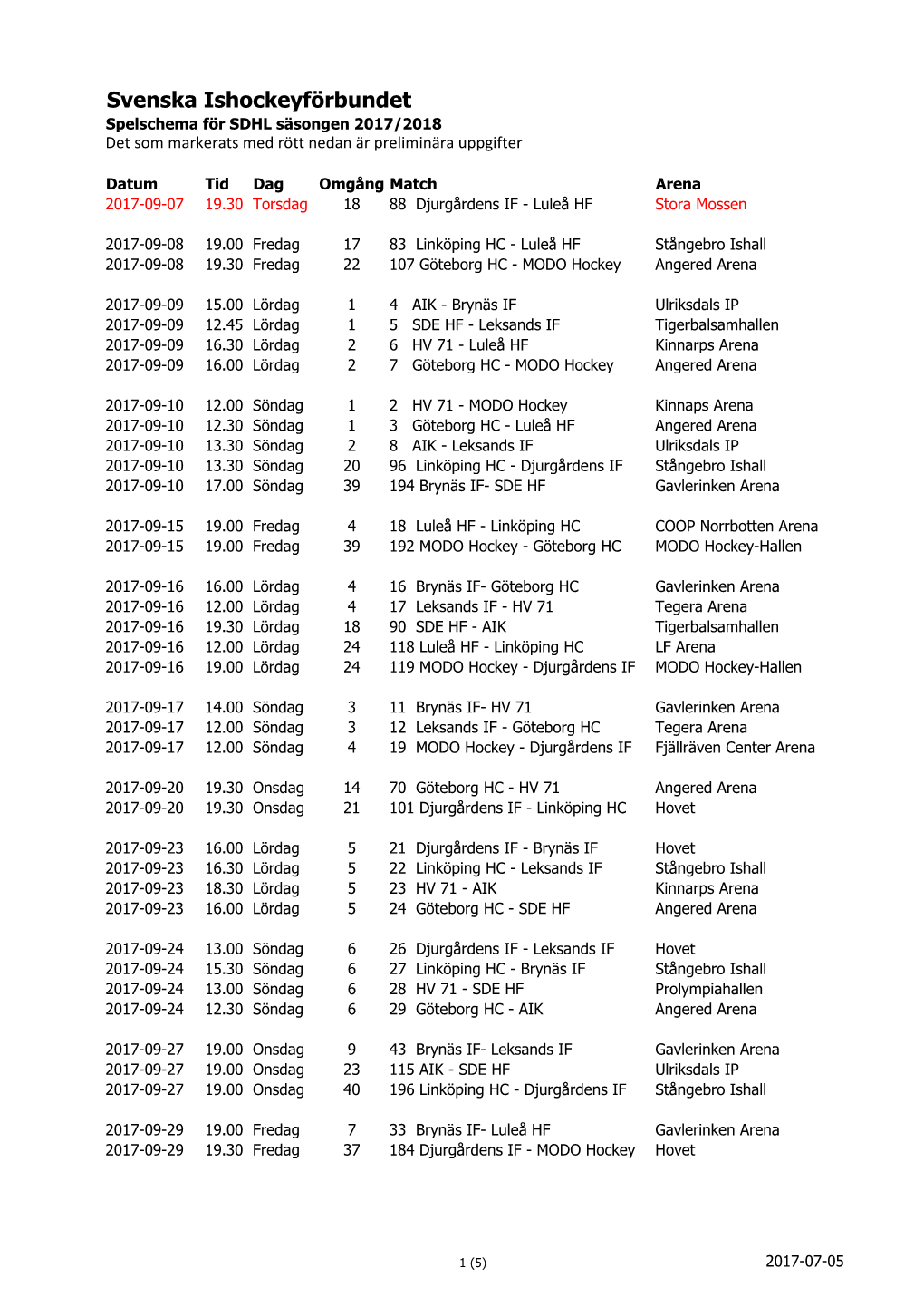 Svenska Ishockeyförbundet Spelschema För SDHL Säsongen 2017/2018 Det Som Markerats Med Rött Nedan Är Preliminära Uppgifter