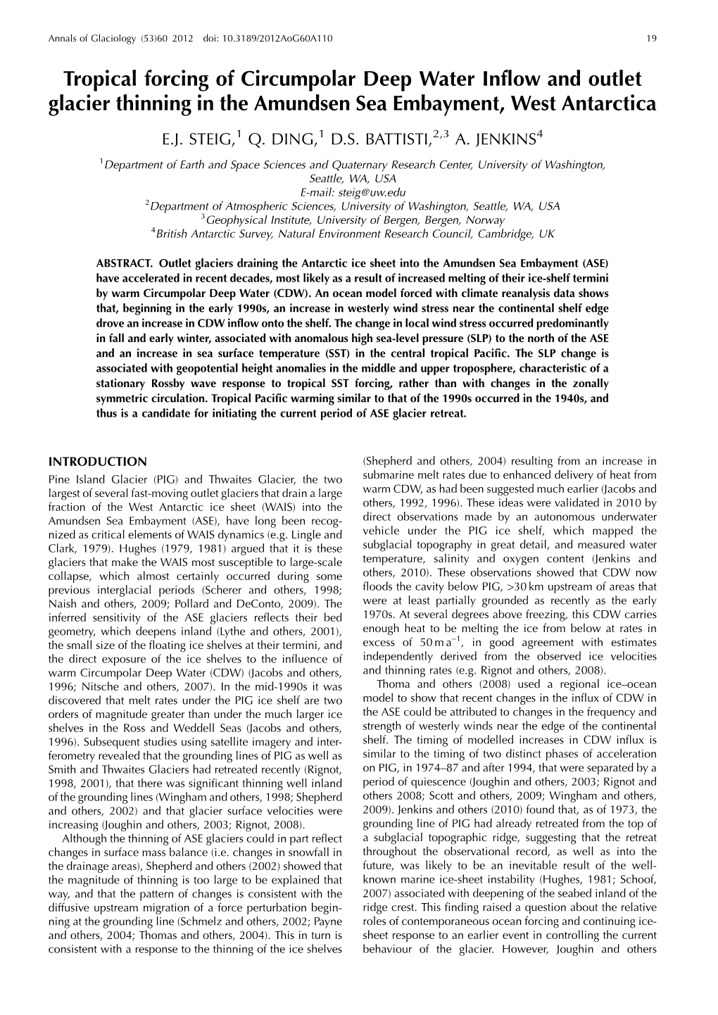 Tropical Forcing of Circumpolar Deep Water Inflow and Outlet Glacier Thinning in the Amundsen Sea Embayment, West Antarctica