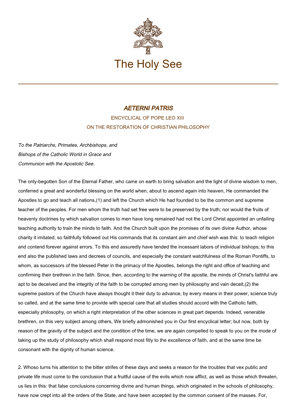 Aeterni Patris Encyclical of Pope Leo Xiii on the Restoration of Christian Philosophy