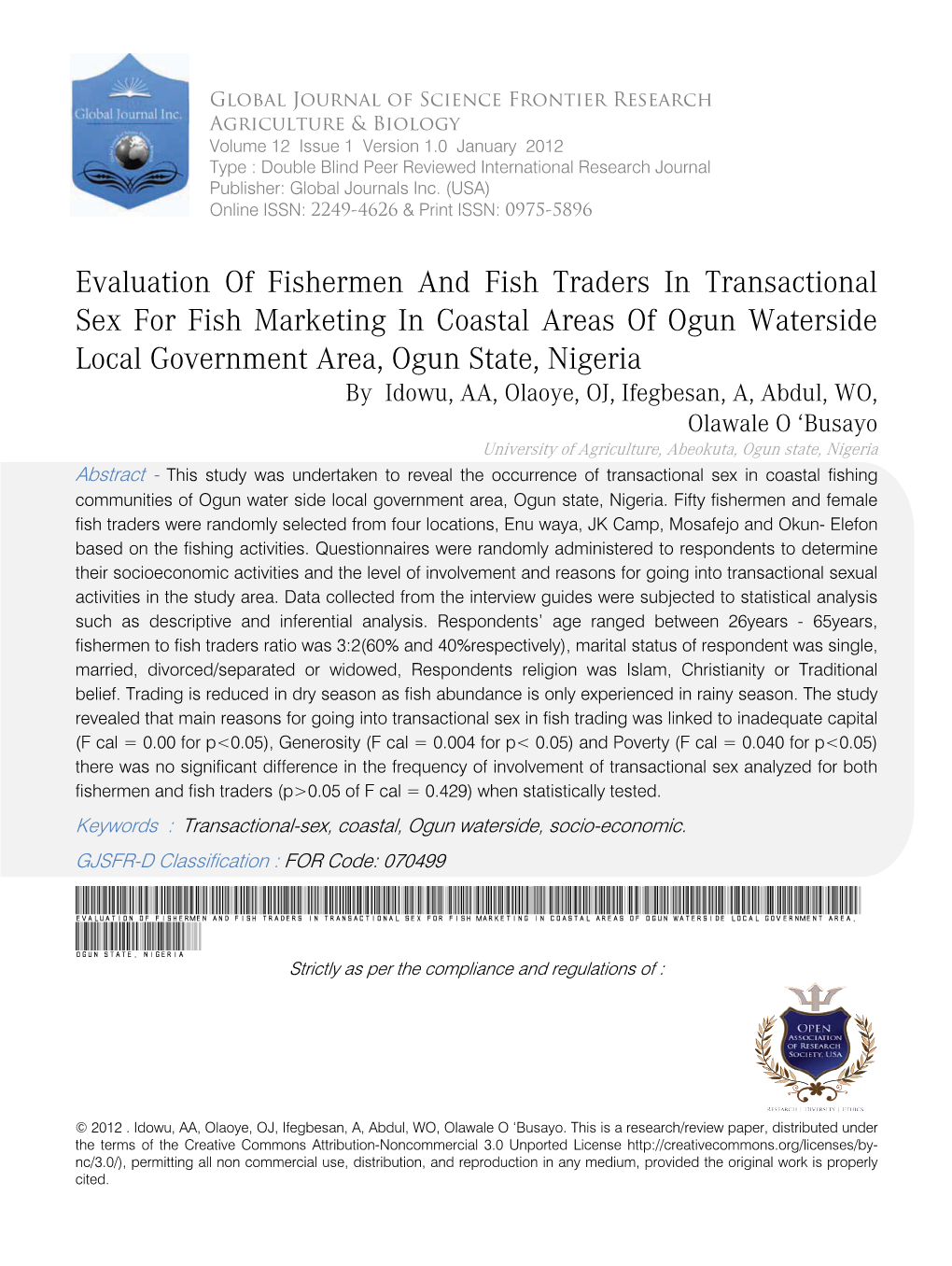 Evaluation of Fishermen and Fish Traders in Transactional Sex For