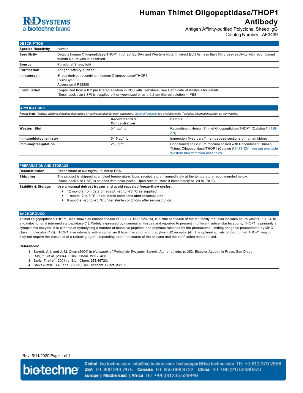 Human Thimet Oligopeptidase/THOP1 Antibody Antigen Affinity-Purified Polyclonal Sheep Igg Catalog Number: AF3439