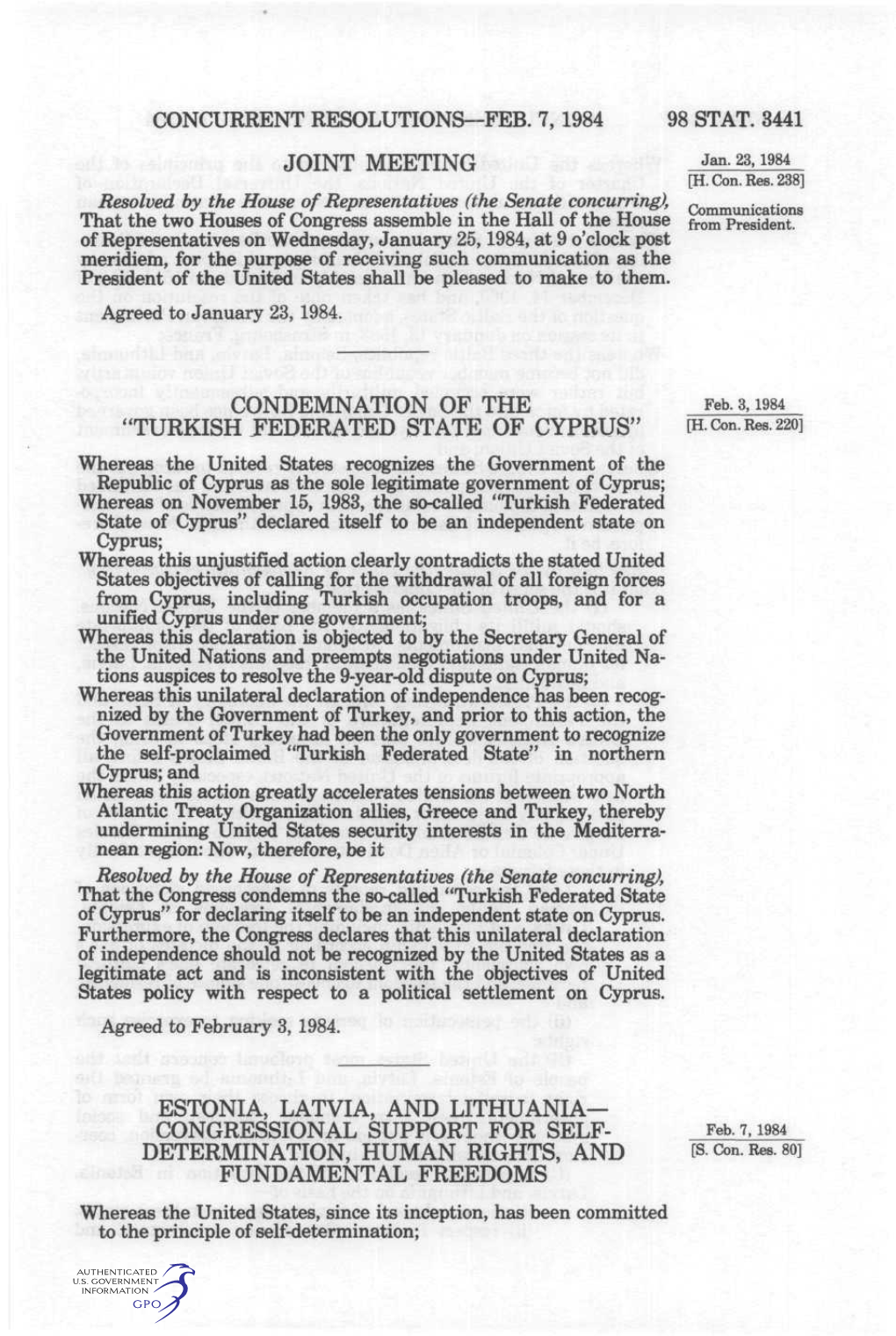 "TURKISH FEDERATED STATE of CYPRUS" [H.Con.Res.220]