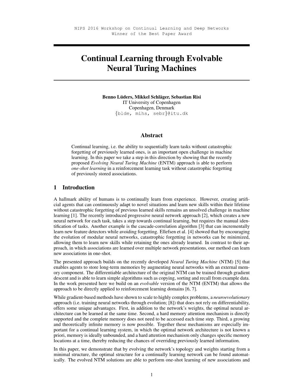 Continual Learning Through Evolvable Neural Turing Machines