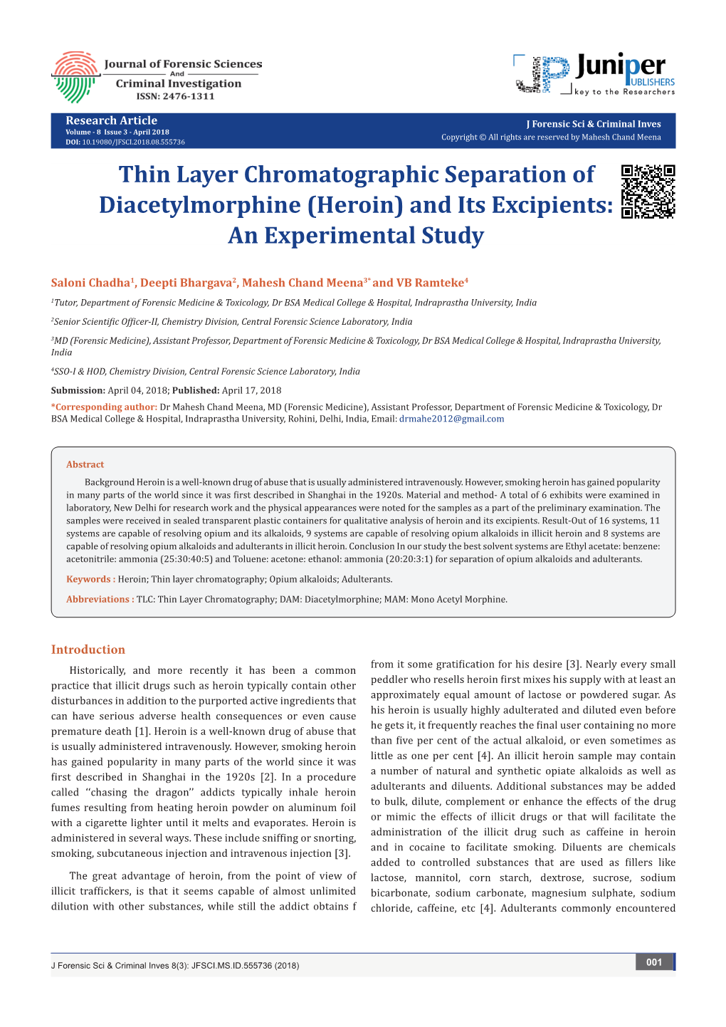 Thin Layer Chromatographic Separation of Diacetylmorphine (Heroin) and Its Excipients: an Experimental Study