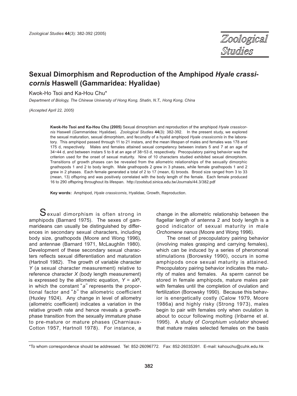 Sexual Dimorphism and Reproduction of the Amphipod Hyale Crassi