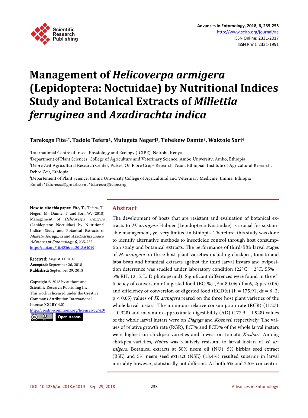 Management of Helicoverpa Armigera (Lepidoptera: Noctuidae) by Nutritional Indices Study and Botanical Extracts of Millettia Ferruginea and Azadirachta Indica