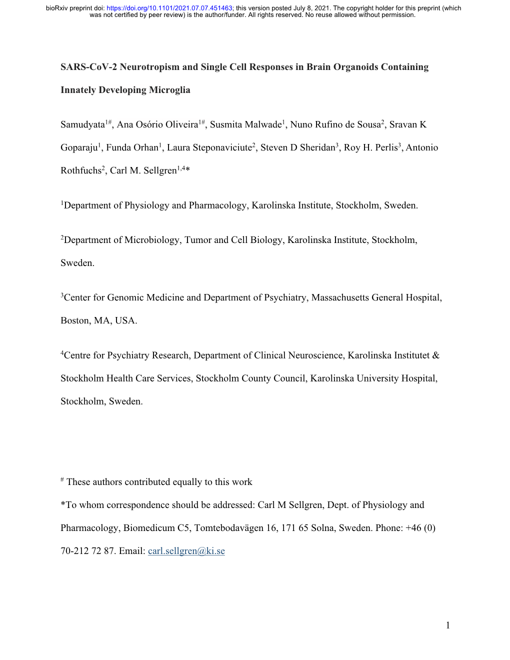 SARS-Cov-2 Neurotropism and Single Cell Responses in Brain Organoids Containing