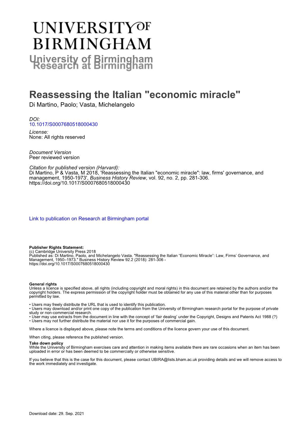 Reassessing the Italian "Economic Miracle" Di Martino, Paolo; Vasta, Michelangelo