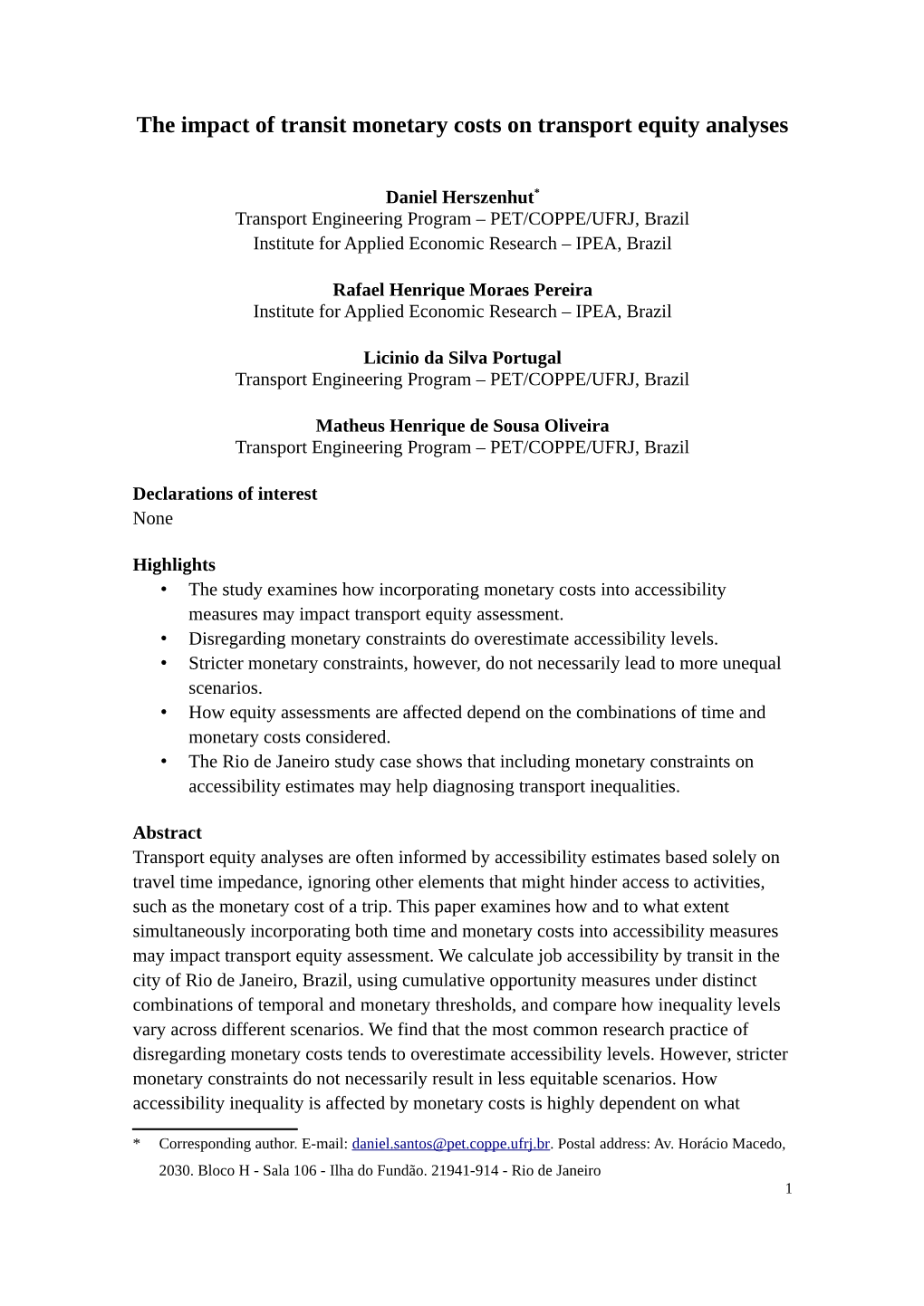 The Impact of Transit Monetary Costs on Transport Equity Analyses