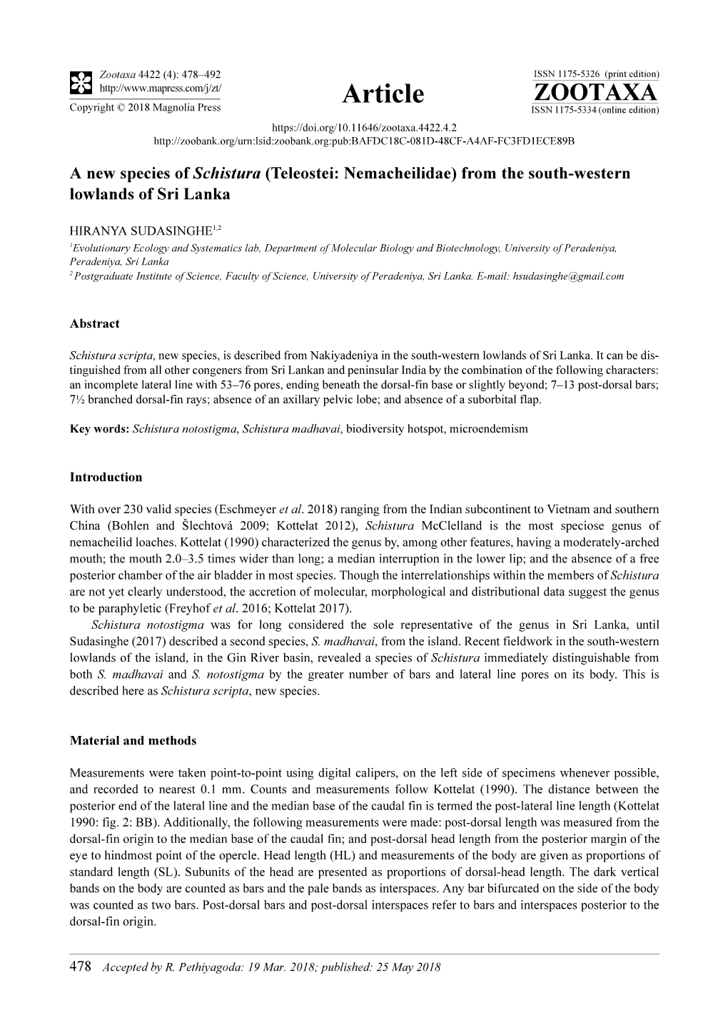 A New Species of Schistura (Teleostei: Nemacheilidae) from the South-Western Lowlands of Sri Lanka