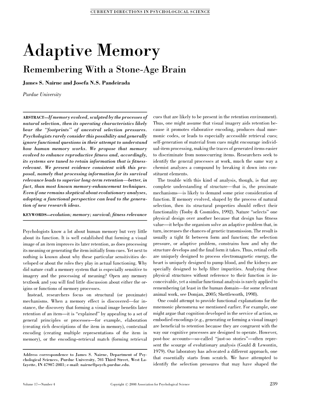 Adaptive Memory: Remembering with a Stone-Age Brain