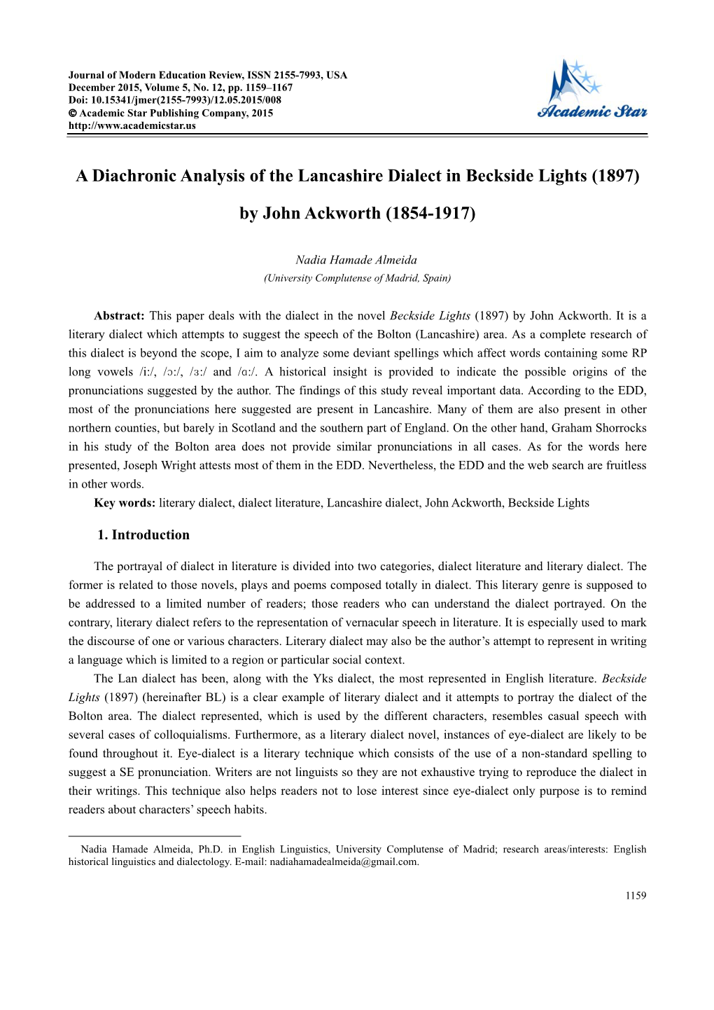 A Diachronic Analysis of the Lancashire Dialect in Beckside Lights (1897)